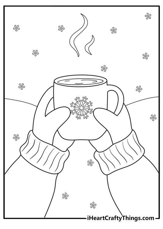 Cozy mug of hot cocoa with steam and mittens February coloring sheet cute kawaii for kids pdf