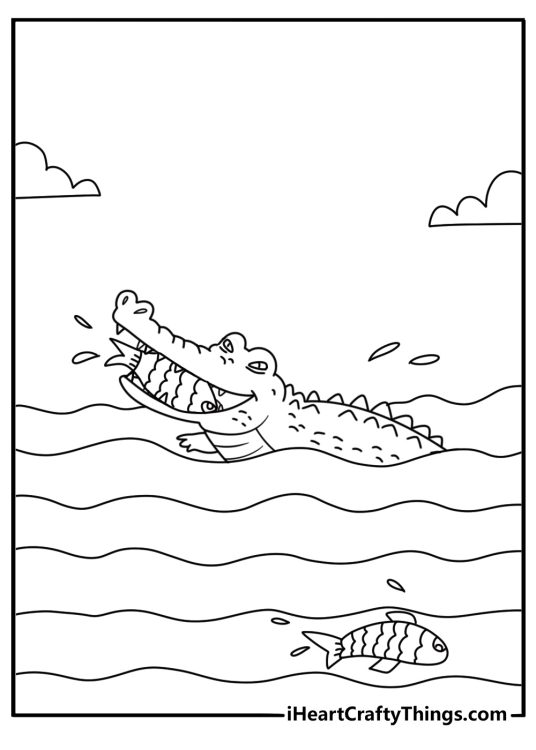 Crocodile coloring page free with a reptile hunting fish in a river