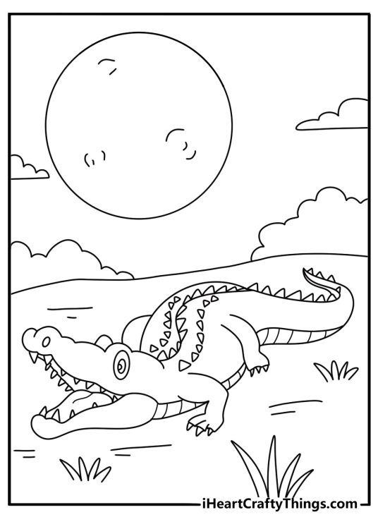 Crocodile coloring page printable with a reptile under a full moon in a swamp