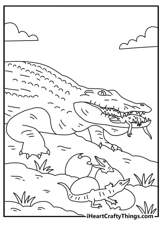 Crocodile coloring page with a mother reptile carrying hatchlings