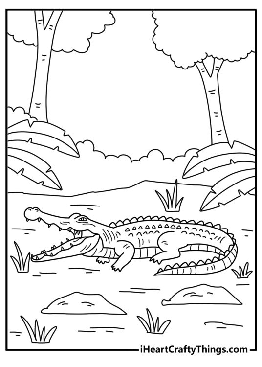 Crocodile coloring pages for adults with detailed scales and jungle plants