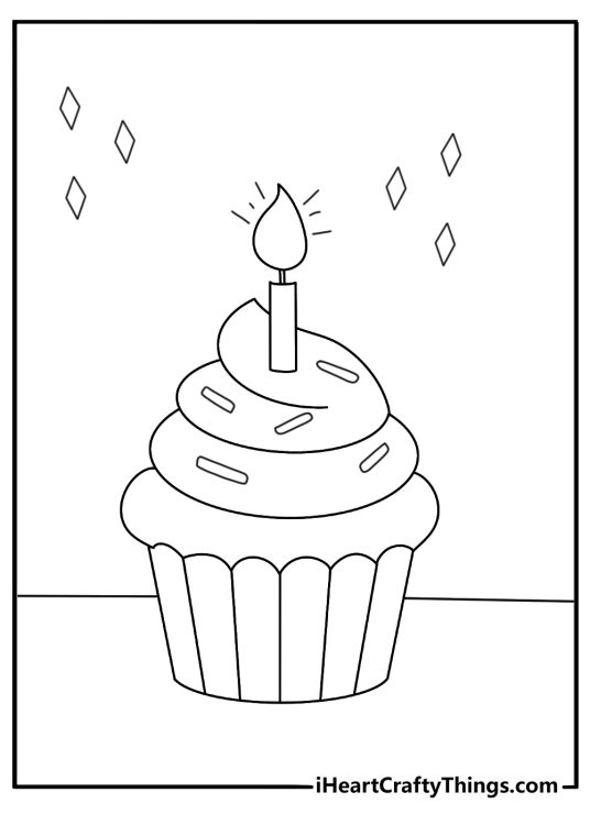 Cupcake coloring page for kids with a cupcake topped with a candle
