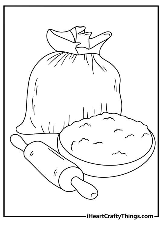 Cupcake coloring page with a cupcake beside a rolling pin and flour bag