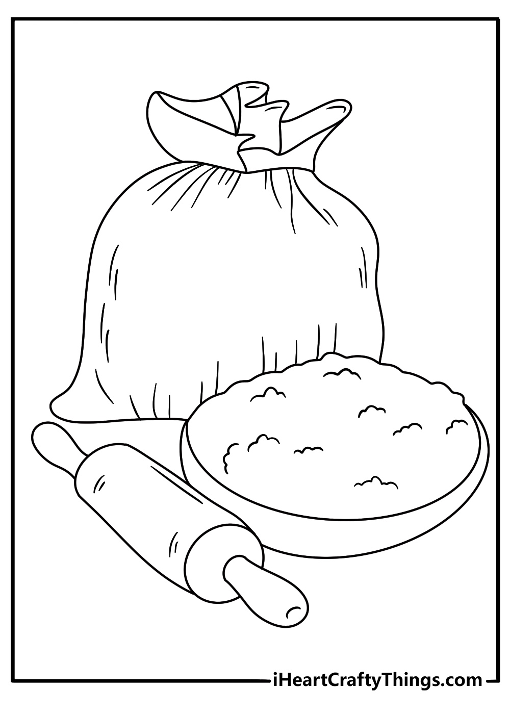 Cupcake coloring page with a cupcake beside a rolling pin and flour bag