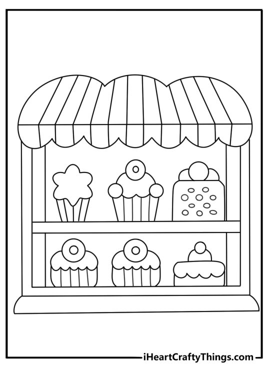 Cupcake coloring page with a cupcake inside a bakery window display