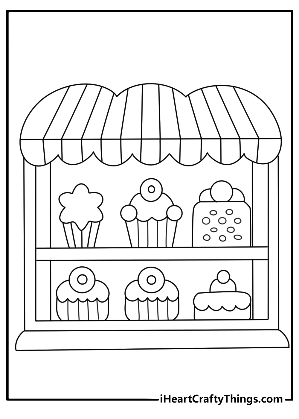 Cupcake coloring page with a cupcake inside a bakery window display