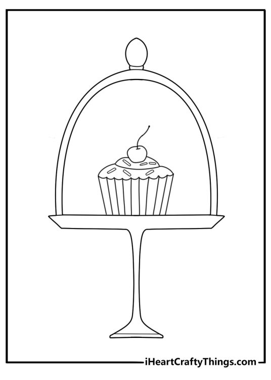 Cupcake coloring page with a cupcake on a cake stand beside a whisk