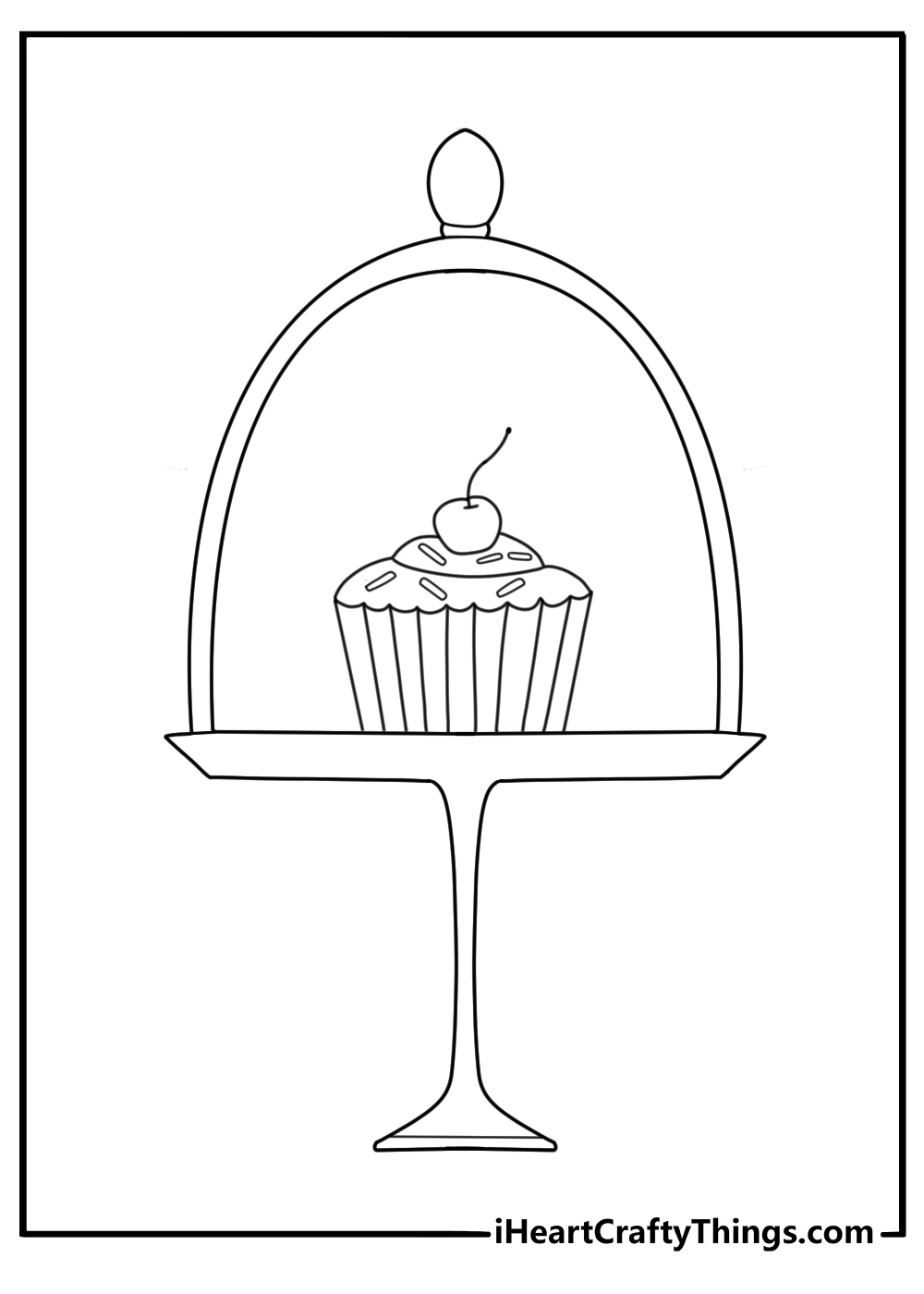 Cupcake coloring page with a cupcake on a cake stand beside a whisk