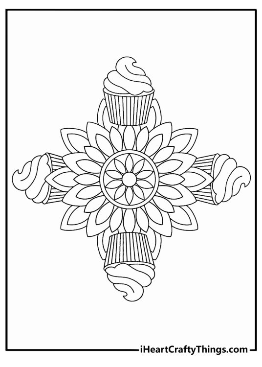 Cupcake coloring pages for adults with cupcakes arranged in a mandala circle