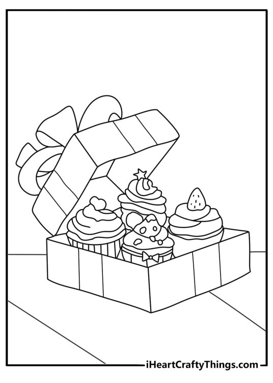 Cupcake coloring pages for kids with a cupcake in a gift box