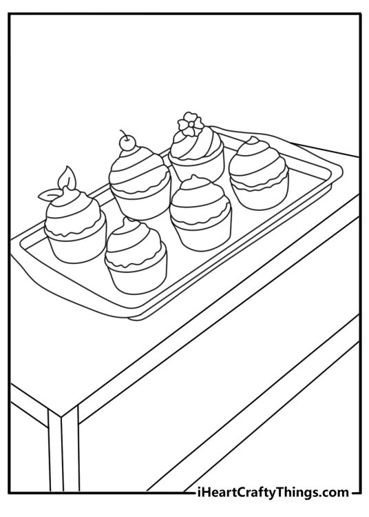 Cupcake coloring pages scene with a tray of cupcakes cooling on a kitchen rack