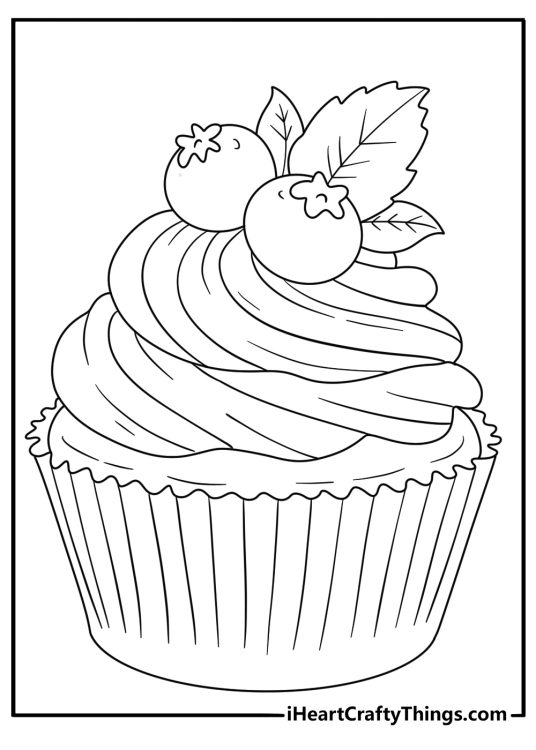 Cupcake coloring printable with a cupcake topped with blueberries