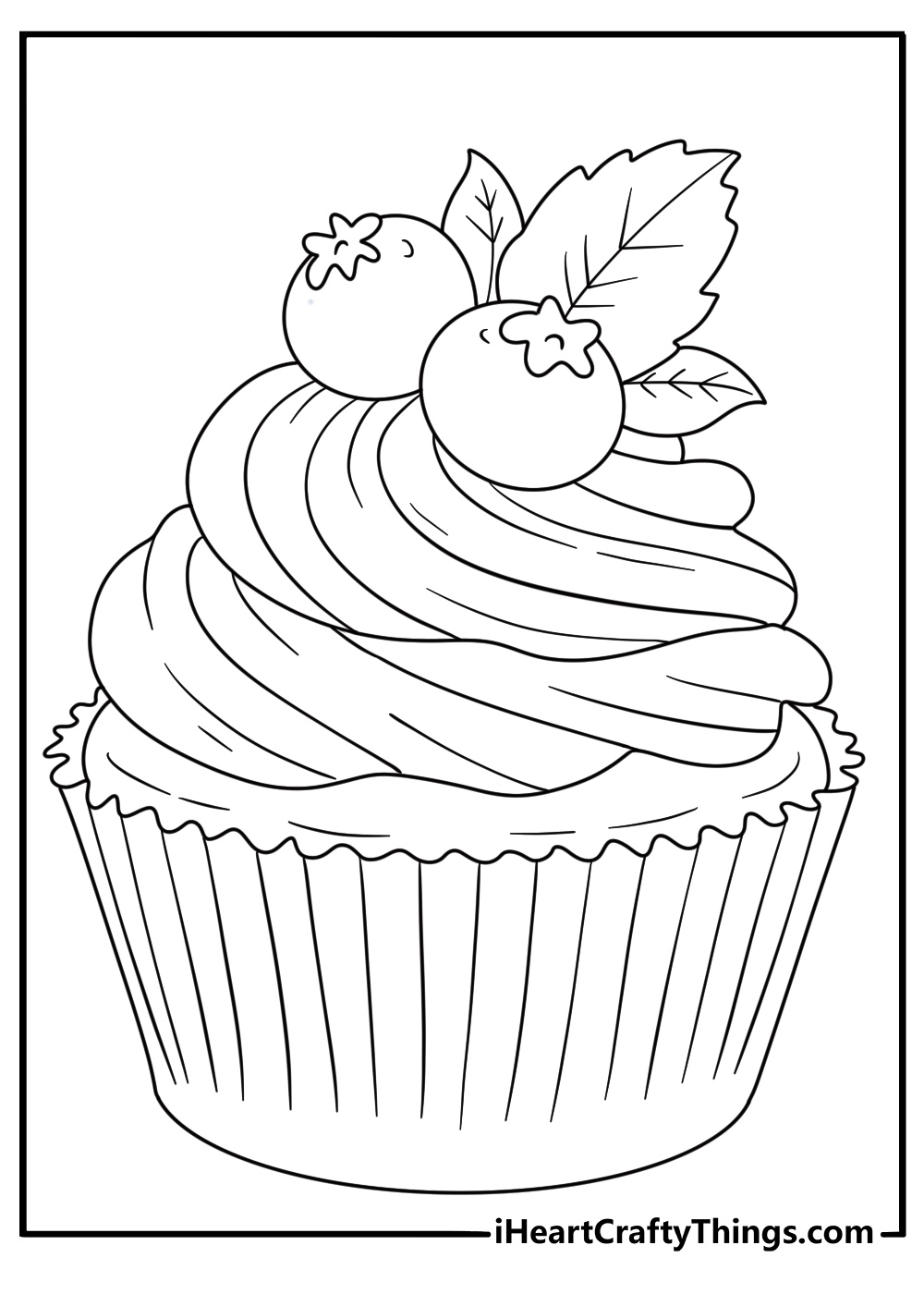 Cupcake coloring printable with a cupcake topped with blueberries