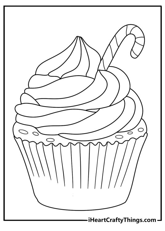 Cupcake coloring sheet with a cupcake in a striped wrapper beside candy canes