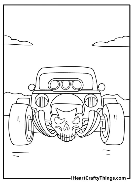 Custom Hot Rod with skull grille design for adults coloring page
