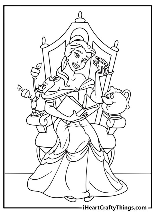 Cute Belle coloring page with Belle sitting near Lumiere and Cogsworth