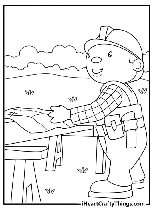 Cute Bob the Builder coloring sheet with Bob checking blueprints on a wooden table