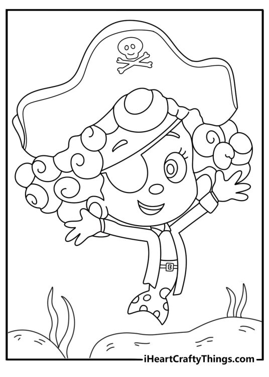 Cute Bubble Guppies coloring sheet with Deema dressed as a pirate in sea adventure