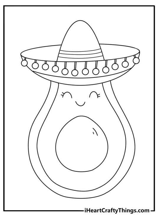 Cute Mexican coloring page with an avocado wearing a small sombrero
