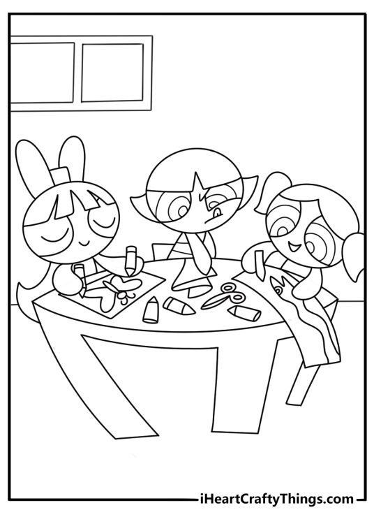 Cute Powerpuff Girls coloring pages with Bubbles drawing with crayons at home