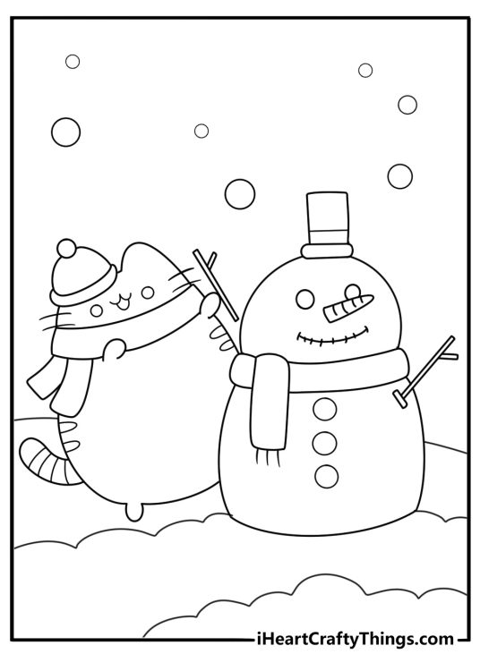 Cute Pusheen coloring illustration featuring her building a snowman and wearing a warm scarf