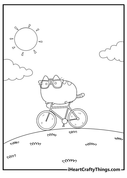 Cute Pusheen coloring outline of her riding a bicycle through a park with trees and little flowers