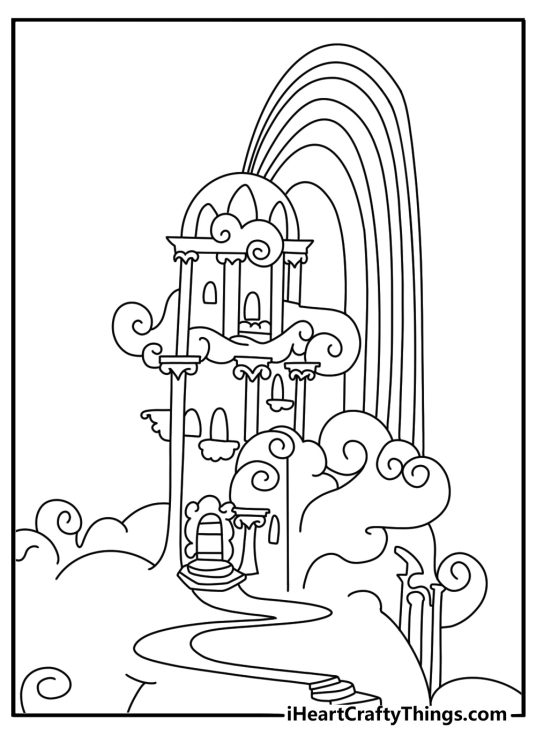 Cute Rainbow Dash coloring sheet with cloud house in Ponyville