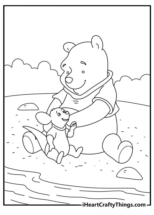 Cute Winnie the Pooh and Roo playing near sandy riverbank simple coloring page