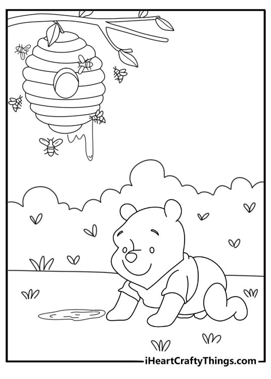 Cute baby Winnie the Pooh crawling toward dripping honey trail simple coloring sheet