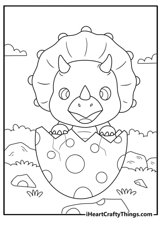 Cute baby triceratops hatching from egg easy coloring printable