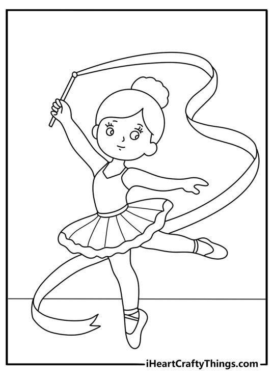 Cute ballerina coloring page with a dancer carrying a ribbon wand