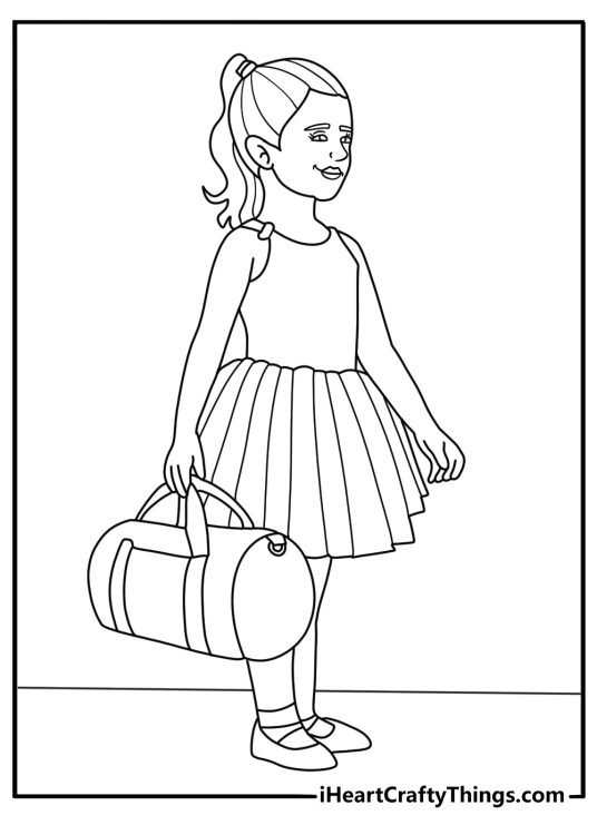 Cute ballerina coloring page with a young dancer carrying a tutu bag