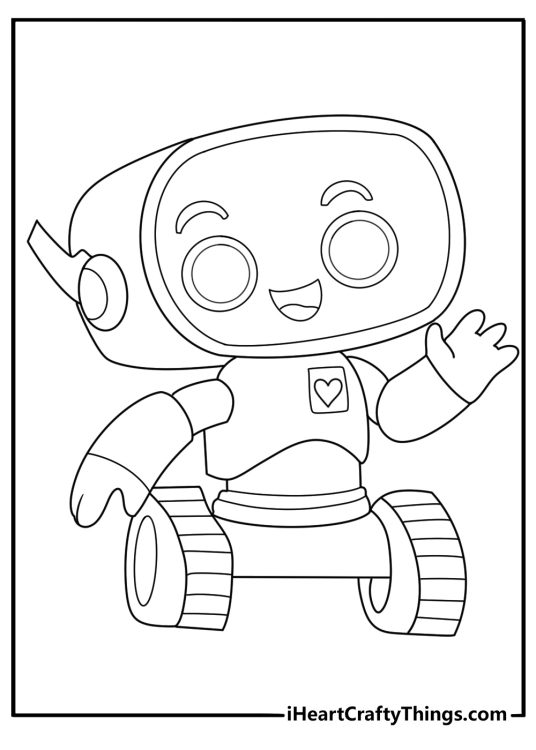 Cute chibi robot coloring page for kids with heart emblem on chest