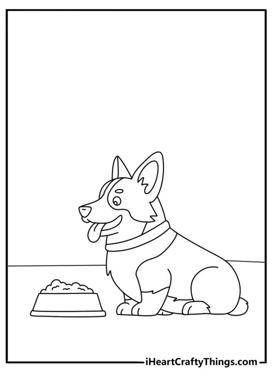 Cute corgi coloring page with a corgi puppy beside a food bowl