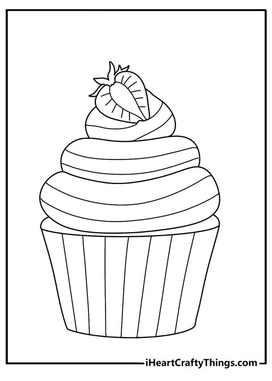 Cute cupcake coloring page with a cupcake topped with a strawberry slice