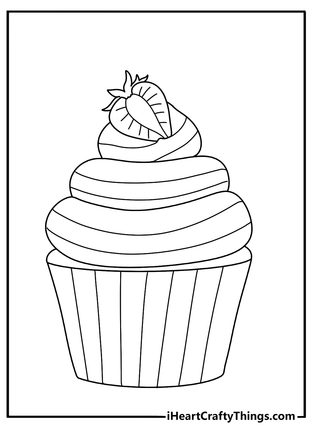 Cute cupcake coloring page with a cupcake topped with a strawberry slice