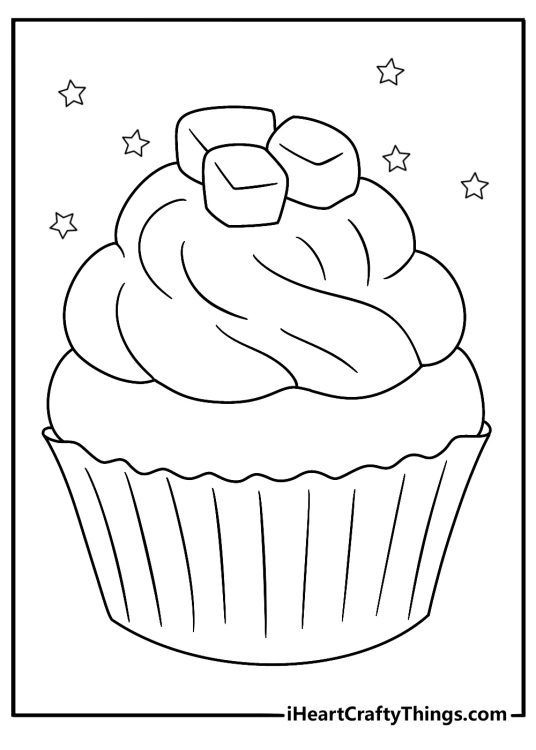 Cute cupcake coloring sheet with a cupcake topped with marshmallows