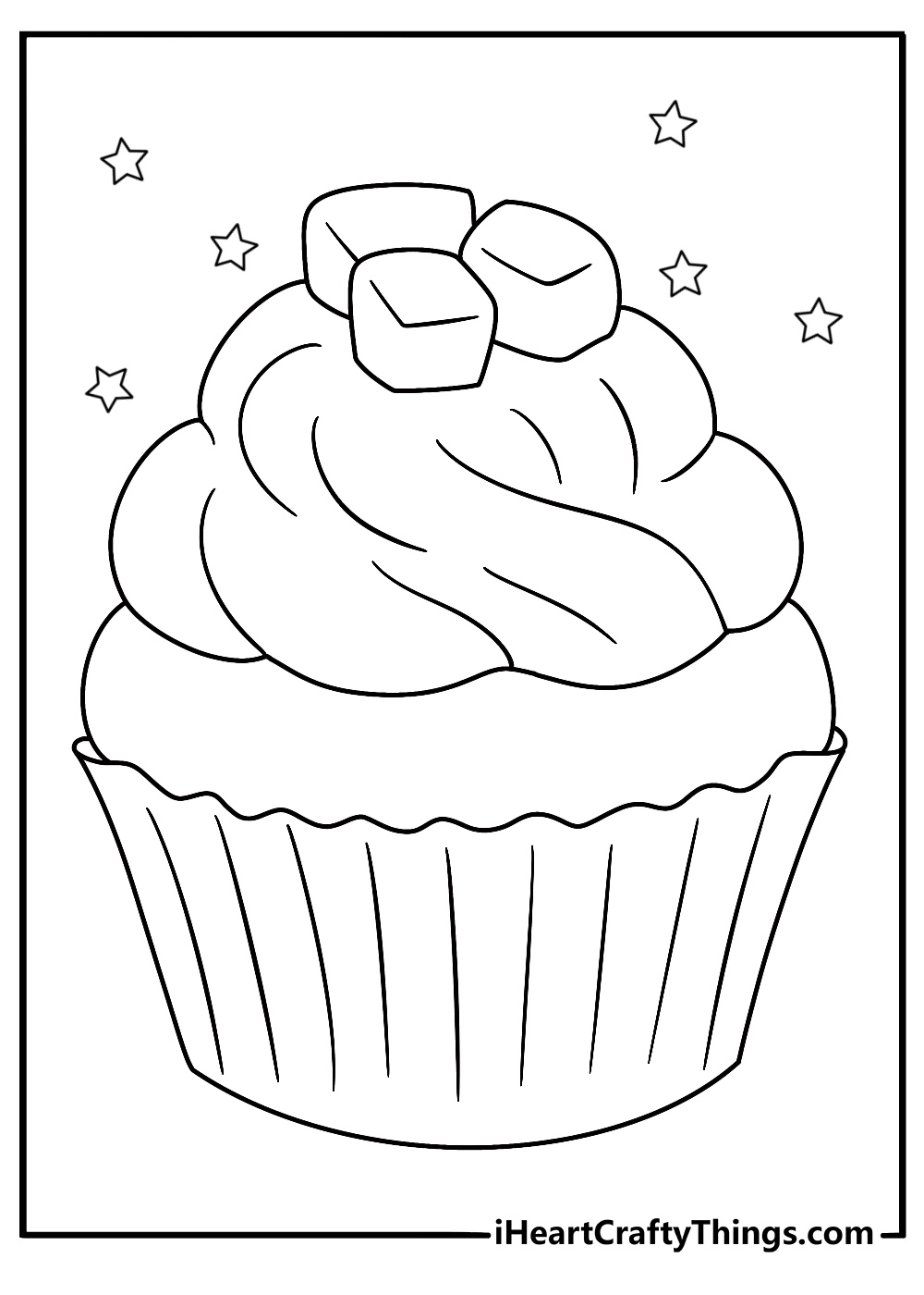Cute cupcake coloring sheet with a cupcake topped with marshmallows