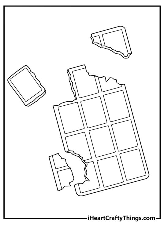 Cute dessert coloring page featuring chocolate bar broken into pieces