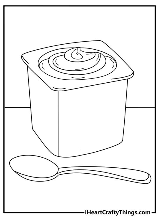Cute dessert coloring pages showing pudding cup with spoon beside it