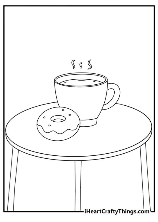 Cute donut coloring page with a donut and coffee cup on a small cafe table