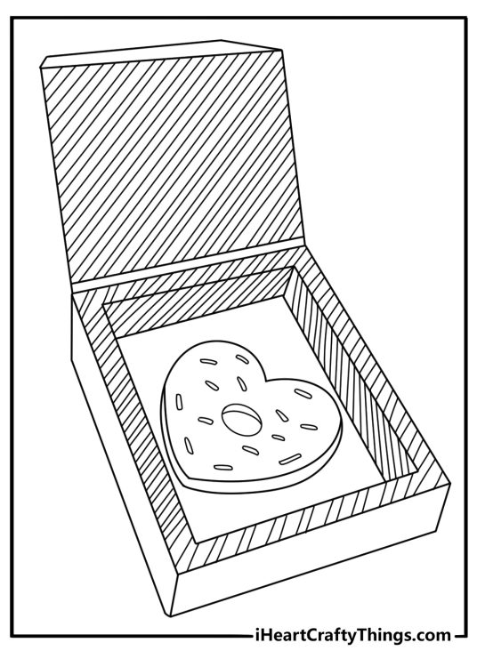 Cute doughnut coloring pages with heart shaped donuts in a gift box