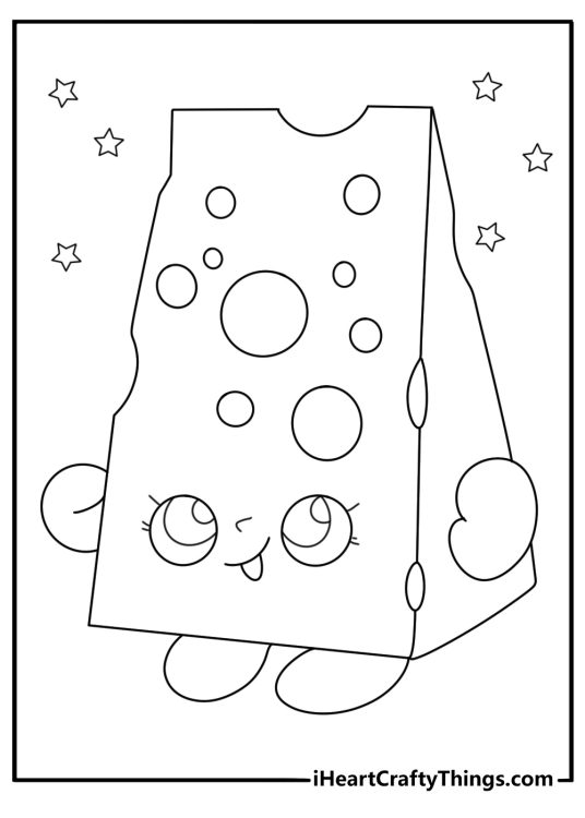 Cute food Shopkins coloring sheet showing cheese wedge with holes and wrapper