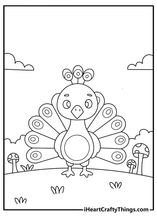 Cute kawaii peacock coloring sheet for kids standing near tall garden mushrooms