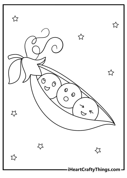Cute kawaii vegetable coloring page with small peas in pod