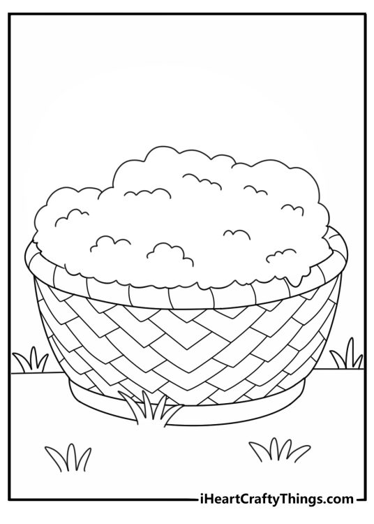Cute lamb coloring page with a basket of wool on a farm cart