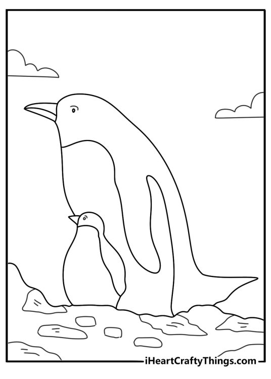 Cute penguin coloring page with a baby penguin under a parent wing