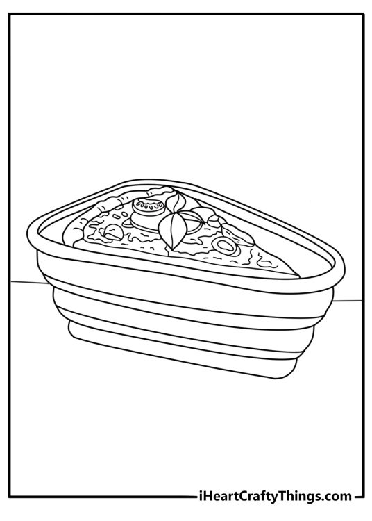 Cute pizza coloring page with a pizza slice inside a lunch box