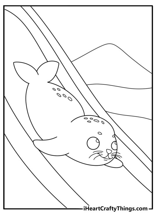 Cute seal coloring pages showing small seal sliding on ice slope