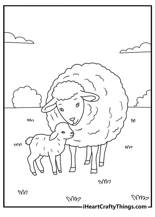 Cute sheep printable with a lamb following its mother across a pasture
